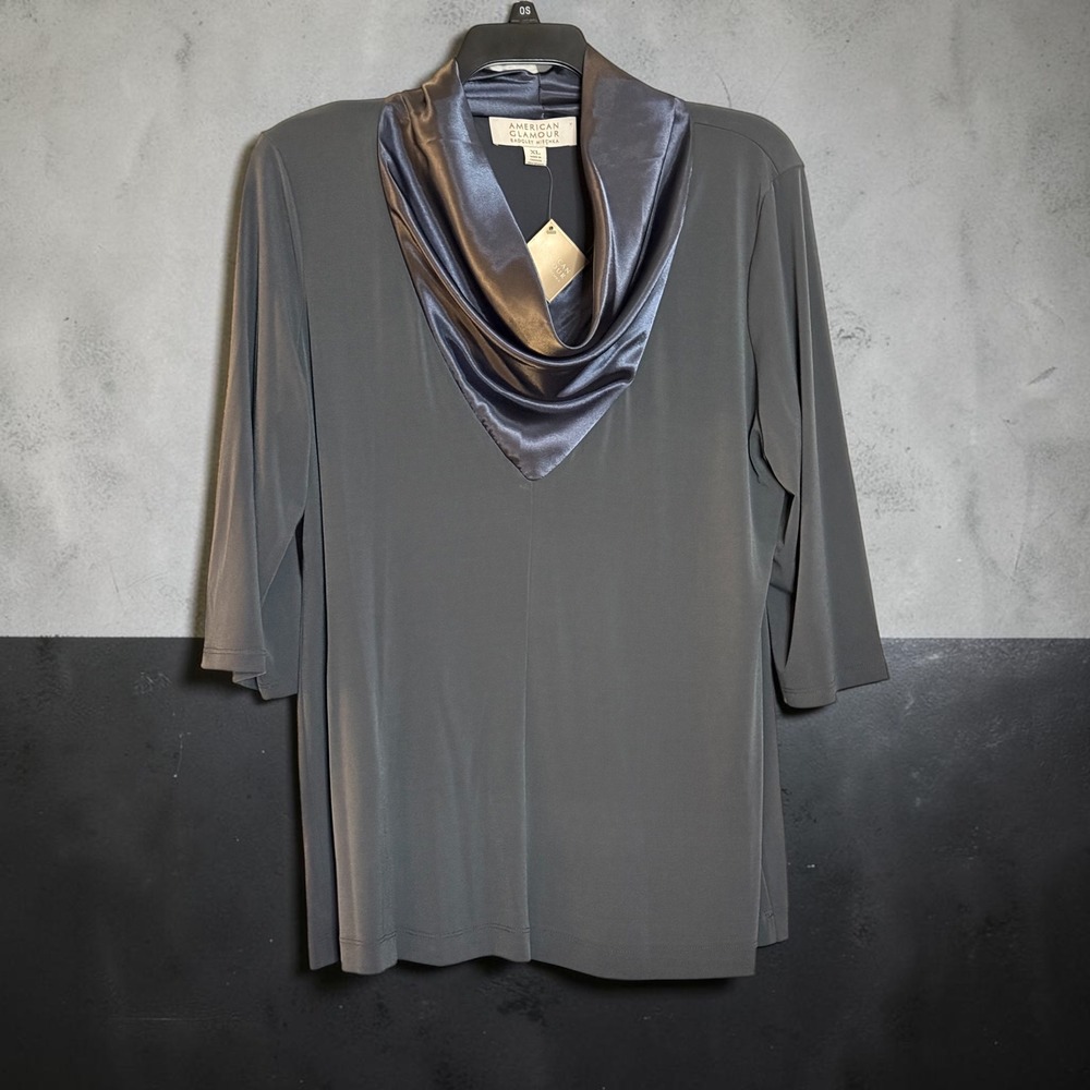 American Glamour Badgley Mischka Gray Satin Cowl Neck Top XL BM30449 NWT